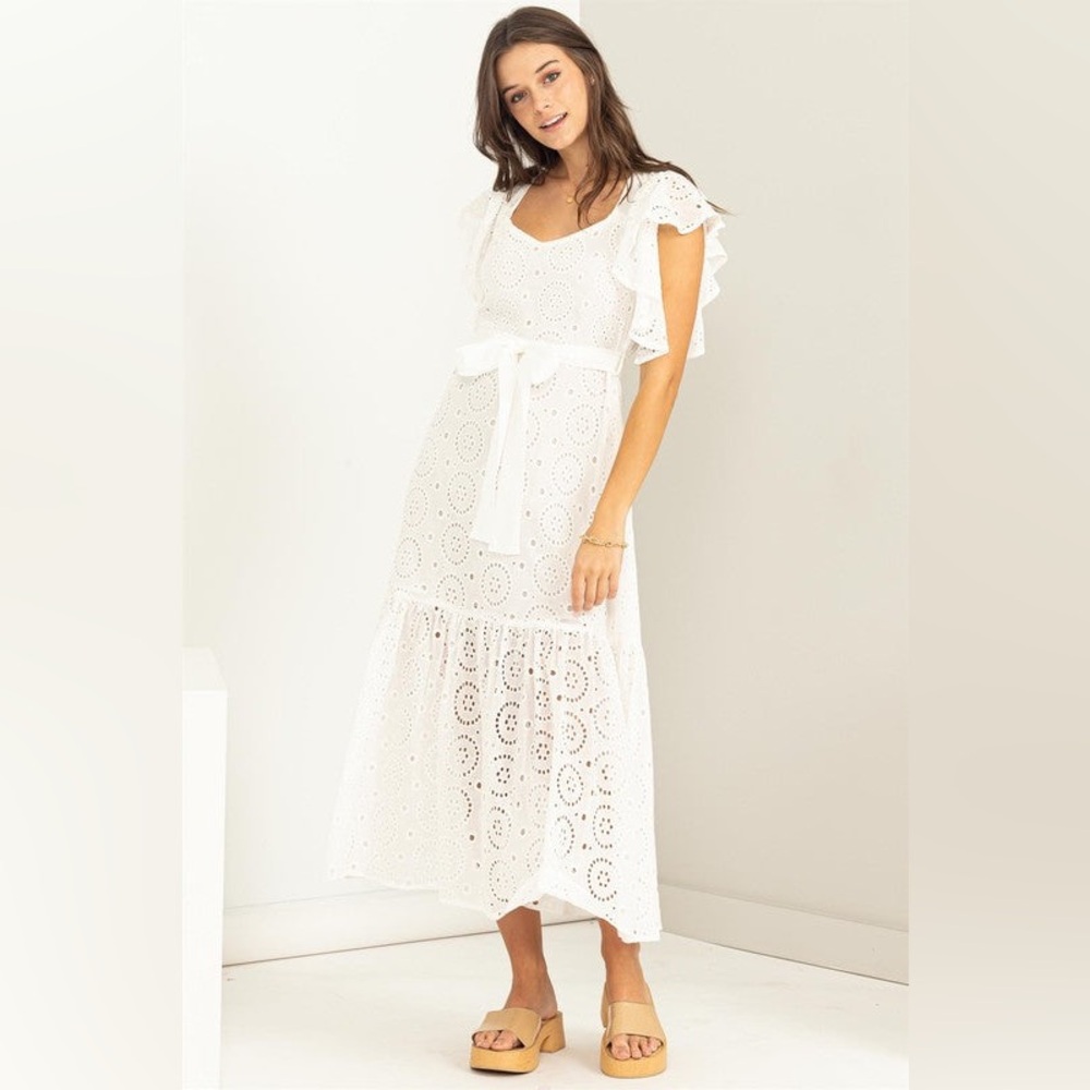 Off White Eyelet Maxi Dress with Tie Waist